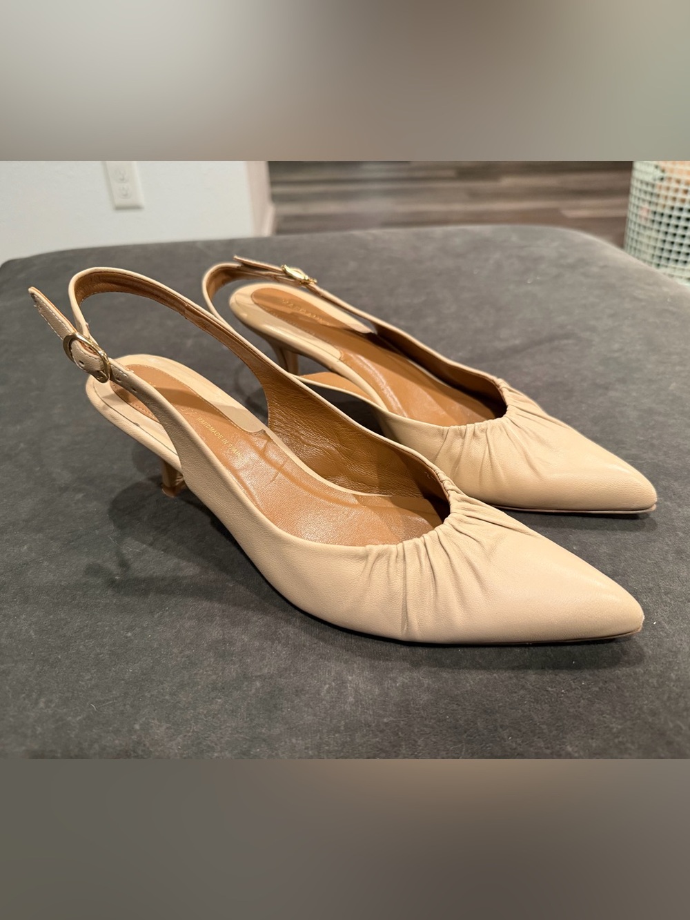 Margaux Beige Slingback Kitten Heel Pumps, Size 38.5